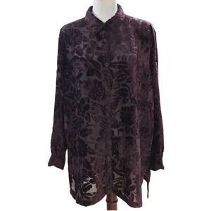 Main Street Blouse Large Dark Burgundy Floral Velvet Burnout Sheer Rayon‎ India